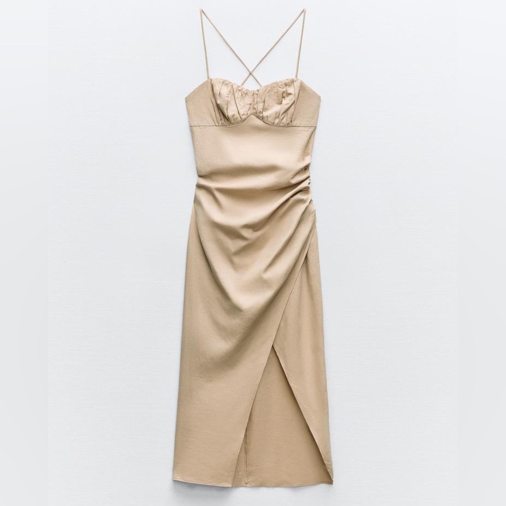 Zara Cream Strapless Ruched Midi Dress